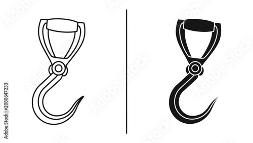 Konstfotografi Industrial Hook Set: Two simple illustrations, one line drawing and one silhouette, showcase a sturdy industrial hook, essential for lifting and securing heavy loads in various work environments