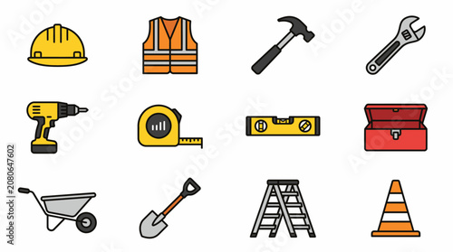 Construction hand tools and safety gear collection