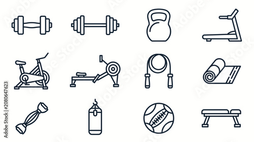 Fitness and gym equipment line icons for workout and exercise