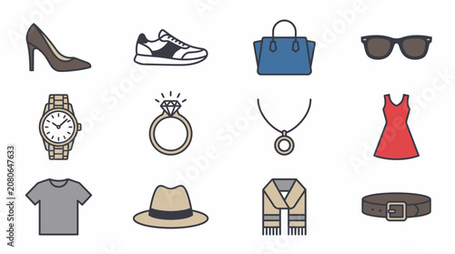 Fashion and apparel accessories icon set with clothes and jewelry