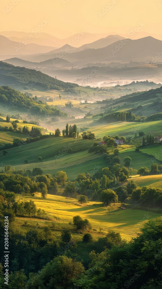 Obraz premium Rolling green hills and misty valleys at sunrise with distant mountains