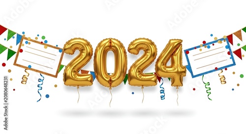 A festive graphic with gold balloons and colorful decorations