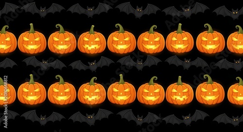 A festive Halloween pattern featuring rows of carved pumpkins and bats