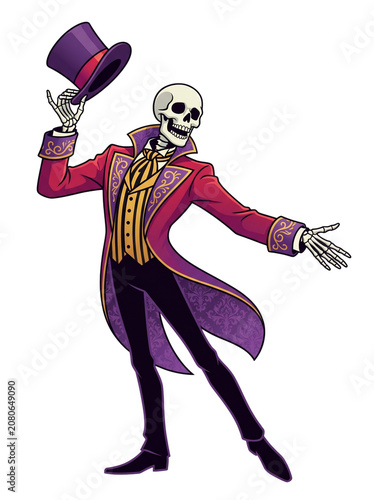 Isolated full body Halloween skeleton ringmaster holding hat