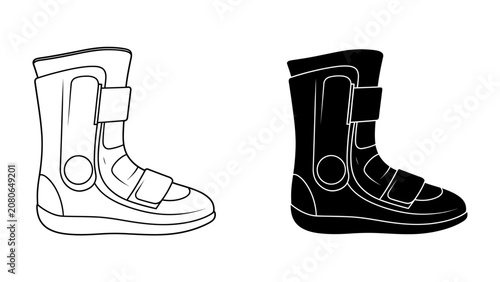 Photos Medical Boot Set: A clean line drawing and solid silhouette of an orthopedic walking boot, a medical device designed for immobilizing and protecting a fractured or injured foot or ankle