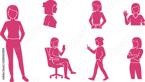 Set of six stylized female icons showing different body language and gestures isolated on transparent background