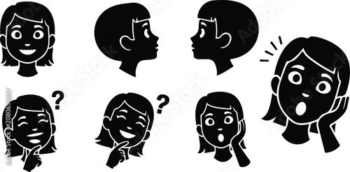 Set of expressive black and white cartoon faces showing various emotions and reactions in simple line art style