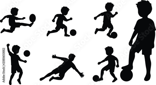 Children playing soccer with various dynamic action poses and ball control silhouettes