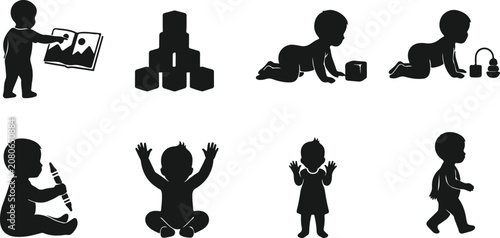Collection of playful toddler activities and developmental milestones illustrated in simple black silhouettes
