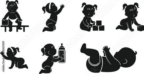 Collection of playful toddler cartoon illustrations showing various baby activities and poses isolated on transparent background