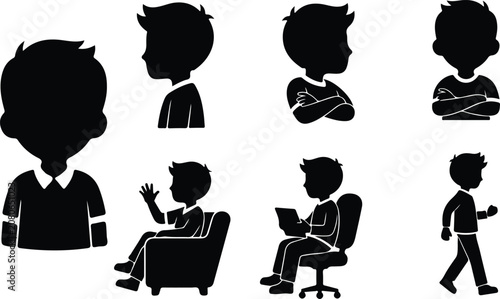 Set of black and white silhouette icons depicting various school student poses and activities isolated on transparent background