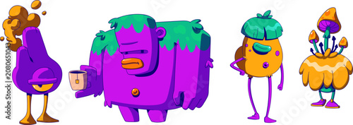 Tableau sur toile Vibrant cartoon character set featuring quirky fantasy monsters, strange creatures, and a whimsical walking mushroom on white background