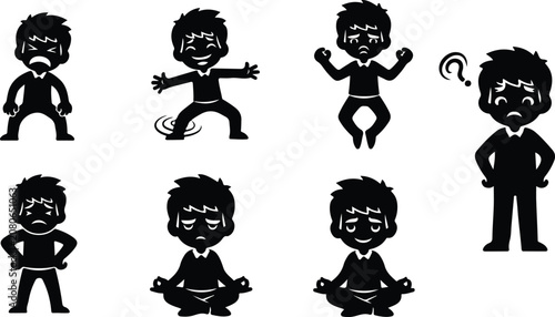 Set of black and white cartoon characters expressing various intense emotions and reactions in simple line art style