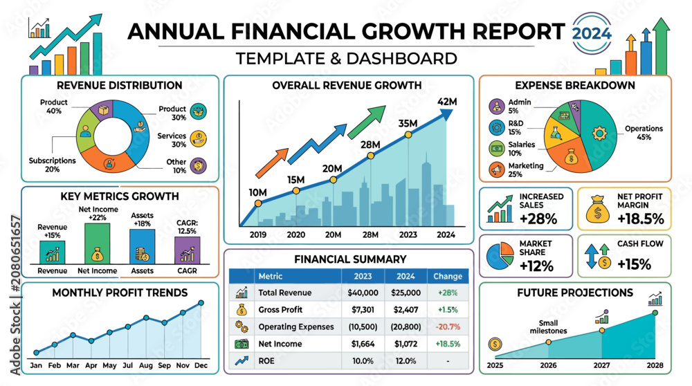 Obraz premium Annual financial growth report template dashboard.