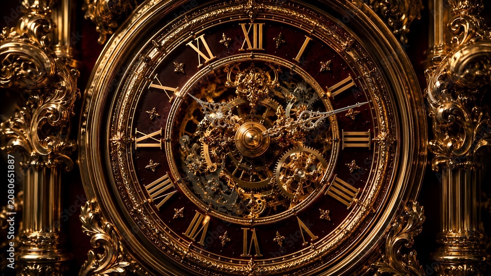 Obraz premium Ornate gold clock face with intricate sculpted figures and symbols