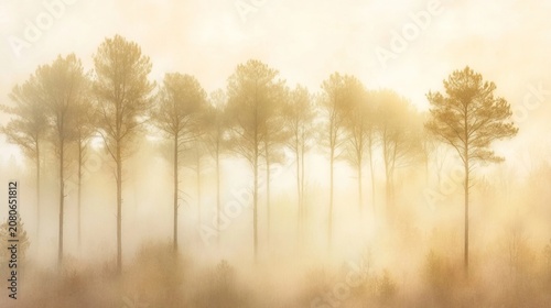 Stunning Misty Forest Scene with Ttall Pine Trees During Moody Autumnal Morning Golden Hour Light