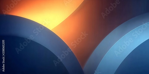Abstract Geometric Background With Curving Blue Arches and Soft Golden Light Glowing Reflections