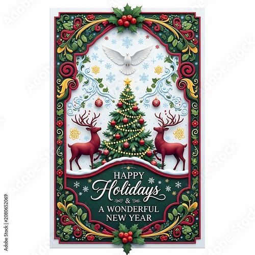 A festive holiday card features a Christmas tree, reindeer, and dove
