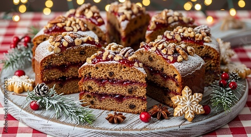 A festive holiday dessert, a round fruitcake with nuts and red berries on a decorative plate