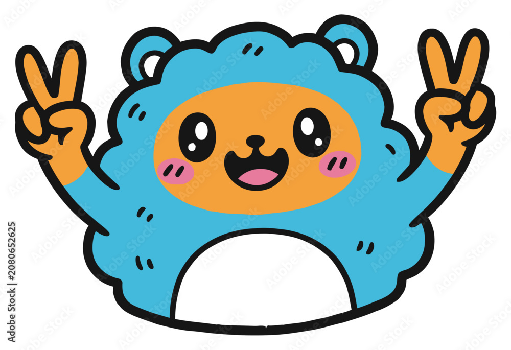 Fototapeta premium Panda Mascot Character with Friendly Smile and Raised Hands, Blue Fur and Orange Hood, Cartoon Style for Children Concept