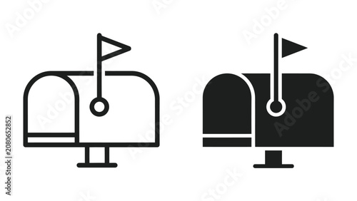Konstfotografi Mailbox Icon Duo: A pair of simple, modern icons representing a mailbox, one in outline and one in solid black, perfect for digital and print communication contexts