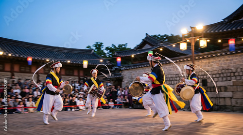 Samulnori performers in motion with vibrant traditional costumes