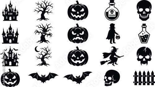 Helloween day silhouettes spooky castle pumpkin witch and skull vector graphics