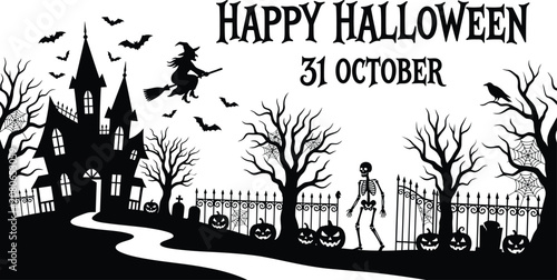 Happy helloween day illustration spooky castle witch and skeleton scene