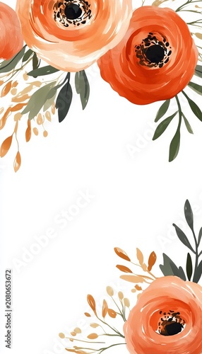 Beautiful Watercolor Floral Border Frame Featuring Pastel Orange Flower Bouquets and Green Leaves