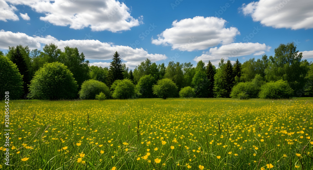 Fototapeta premium Summer meadow with green grass and yellow flowers under blue sky with clouds, beautiful nature landscape.