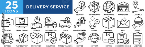 Delivery Service Icon Set Collection. Icon Pack Contain Express, Package, Delivery, Distribution, Worldwide, Warehouse, Post, Food, Parcel Tracking