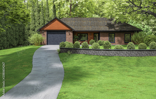 Modern brick house with garage, concrete driveway and lawn front yard