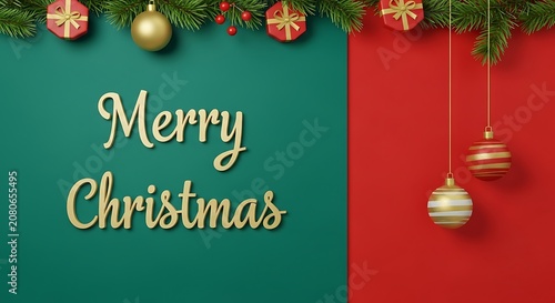 A festive holiday graphic with a green and red background