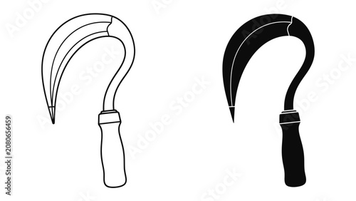 Photos Sickle Icon: A stark, clean depiction of a sickle in both outline and silhouette form, symbolizing agriculture and harvest