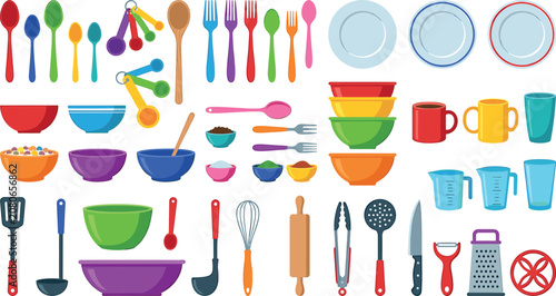 Fotografía Colorful kitchen utensils and tableware vector set featuring flat illustrations