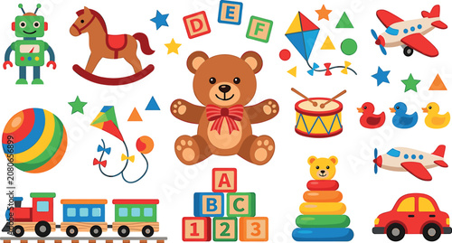 Cuadro en lienzo Colorful kids toys collection vector set with teddy bear train robot rocking hor
