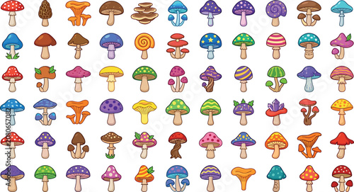 Bild auf Leinwand Colorful mushroom vector icon set featuring fantasy forest fungus magic amanita