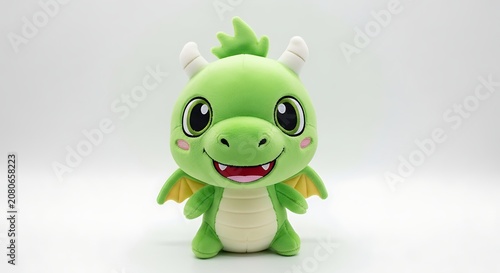 Cute Green Baby Dragon Figurine Standing on White Studio Background