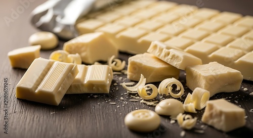 Creamy White Chocolate Pieces and Curls Arranged on Dark Wooden Table