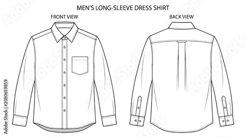 Men Long Sleeve Dress Shirt Technical Flat Sketch Template Front and Back View Vector Mockup
