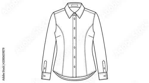 Womens Long Sleeve Button Down Shirt Technical Flat Sketch Vector Template Front View