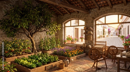 Rustic indoor garden with raised vegetable beds, stone wall greenhouse interior with lush plants, Mediterranean courtyard garden at sunset