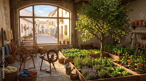 Rustic indoor garden with raised vegetable beds, stone wall greenhouse interior with lush plants, Mediterranean courtyard garden at sunset