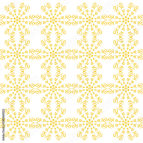 Padrão ornamental dourado com arabescos geométricos interligados formando textura contínua sofisticada. Design elegante ideal para estampas de luxo, papéis decorativos e revestimentos.