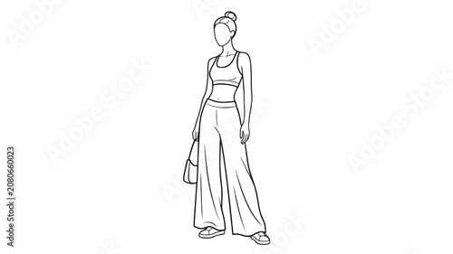 Female Fashion Croquis Vector Line Art Illustration Woman in Athleisure Crop Top and Wide Leg Pants Sketch