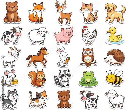 Cute Cartoon Animal Sticker Set with Bear, Fox, Deer, Cat, Dog, Farm Animals, and Wild Creatures Isolated on White Background