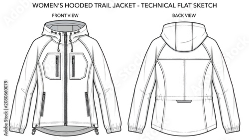 Womens Hooded Trail Jacket Technical Flat Sketch Template Front and Back View Vector Mockup