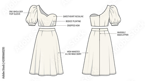 Two Piece Dress Technical Fashion Illustration One Shoulder Crop Top and A-Line Midi Skirt Flat Sketch Vector