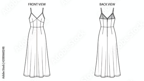Maxi Dress Vector Template Technical Sketch Front and Back View Slip Dress Tech Pack