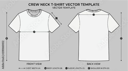 T Shirt Vector Template with Front and Back View White Crew Neck Tee Tech Pack